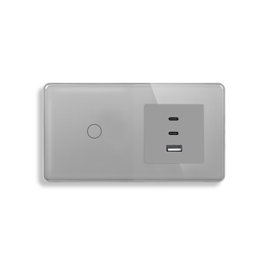 Сенсорний вимикач ELIOS з розеткою USB A+C+C 65Вт сірий скляна рамка