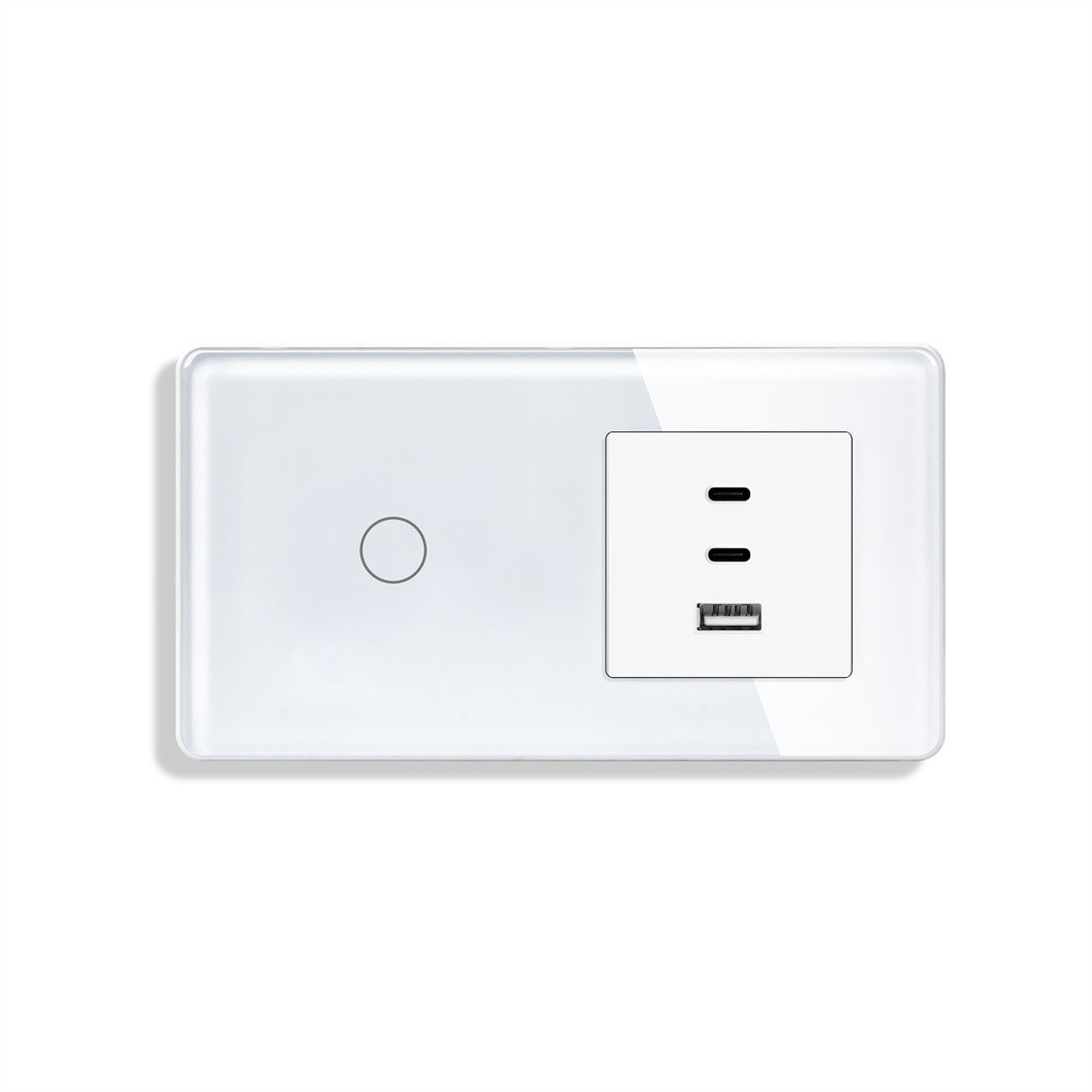Сенсорний вимикач ELIOS з розеткою USB A+C+C 65Вт білий скляна рамка