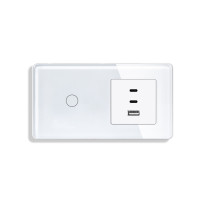 Сенсорний вимикач ELIOS з розеткою USB A+C+C 65Вт білий скляна рамка