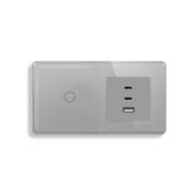 Сенсорний прохідний вимикач ELIOS з розеткою USB A+C+C 65Вт сірий скляна рамка