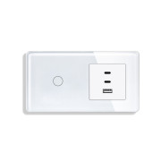 Сенсорний прохідний вимикач ELIOS з розеткою USB A+C+C 65Вт білий скляна рамка