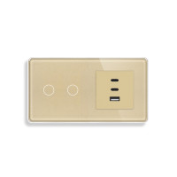 Сенсорний подвійний вимикач ELIOS з розеткою USB A+C+C 65Вт золотий скло