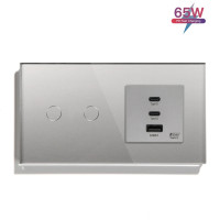 Сенсорний подвійний вимикач LUXION з розеткою USB A+C+C 65Вт сірий скло