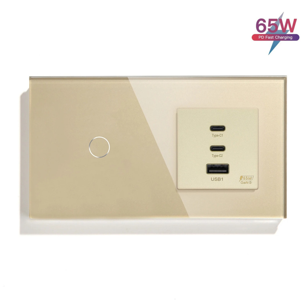 Сенсорний вимикач LUXION з розеткою USB A+C+C 65Вт золотий скляна рамка