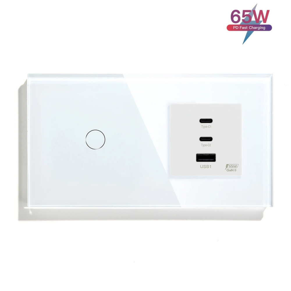 Сенсорний вимикач LUXION з розеткою USB A+C+C 65Вт білий скляна рамка