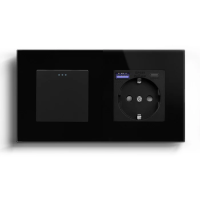 Вимикач без фіксації LUXION з розеткою та USB A+C 20Вт, чорний, скло, із заземленням і захисними шторками