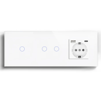 Розумний сенсорний вимикач 3 сенсори (1-2) з розеткою з USB A+C 20Вт, заземлення, шторки, LUXION білий скло
