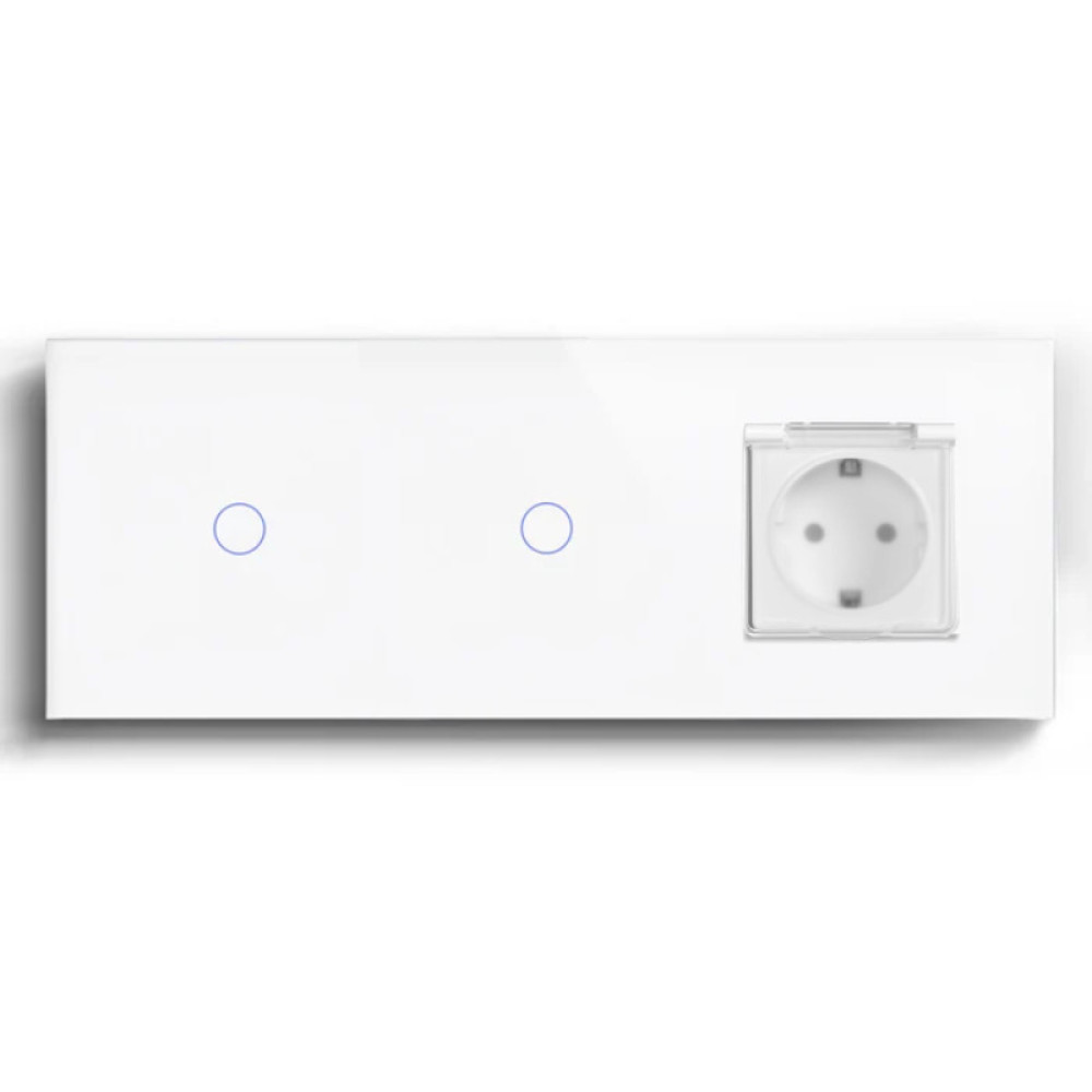 Розумний прохідний сенсорний вимикач 2 сенсори (1-1) з розеткою з кришкою IP44, заземлення, LUXION білий скло