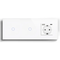 Розумний сенсорний вимикач 2 сенсори (1-1) з розеткою з USB A+C 20Вт, заземлення, шторки, LUXION білий скло
