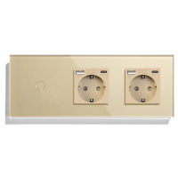 Розумний сенсорний вимикач із двома розетками та USB A+C 20Вт, із заземленням і шторками LUXION золото скло