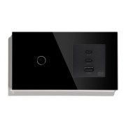 Розумний сенсорний прохідний вимикач LUXION з розеткою USB A+C+C 65Вт чорний скляна рамка