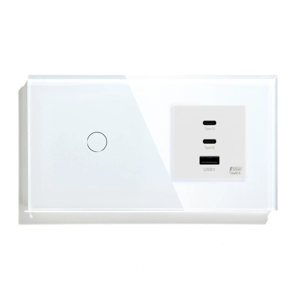 Розумний сенсорний прохідний вимикач LUXION з розеткою USB A+C+C 65Вт білий скляна рамка