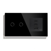 Розумний сенсорний подвійний вимикач LUXION з розеткою USB A+C+C 65Вт чорний скляна рамка