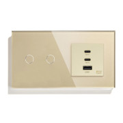 Розумний сенсорний подвійний вимикач LUXION з розеткою USB A+C+C 65Вт золотий скляна рамка