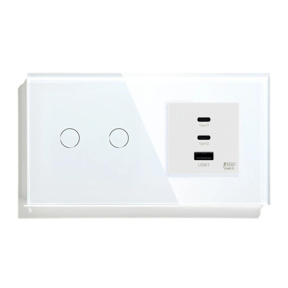 Розумний сенсорний подвійний вимикач LUXION з розеткою USB A+C+C 65Вт білий скляна рамка