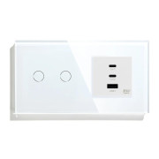 Розумний сенсорний подвійний прохідний вимикач LUXION з розеткою USB A+C+C 65Вт білий скляна рамка