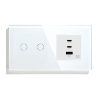 Розумний сенсорний подвійний прохідний вимикач LUXION з розеткою USB A+C+C 65Вт білий скляна рамка