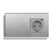 Розумний сенсорний вимикач LUXION з розеткою та USB A+C 20Вт, сірий, скло, дотиковий, із заземленням,