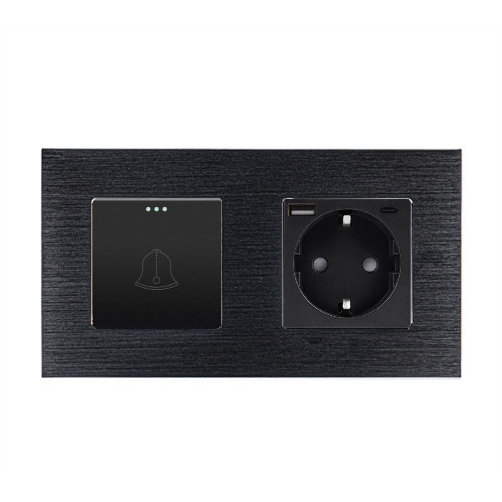 Вимикач без фіксації WALLPAD з розеткою та USB A+C 20Вт, чорний, алюміній, заземлення і захисними шторками
