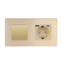 Вимикач без фіксації WALLPAD з розеткою та USB A+C 20Вт, золото, алюміній, заземлення і захисними шторками