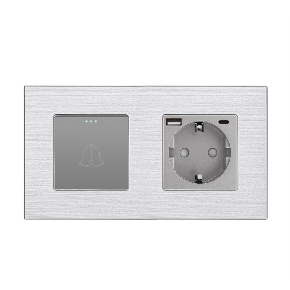 Вимикач без фіксації WALLPAD з розеткою та USB A+C 20Вт, сірий, алюміній, із заземленням і захисними шторками