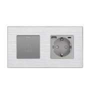 Вимикач без фіксації WALLPAD з розеткою та USB A+C 20Вт, сірий, алюміній, із заземленням і захисними шторками