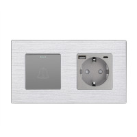 Вимикач без фіксації WALLPAD з розеткою та USB A+C 20Вт, сірий, алюміній, із заземленням і захисними шторками