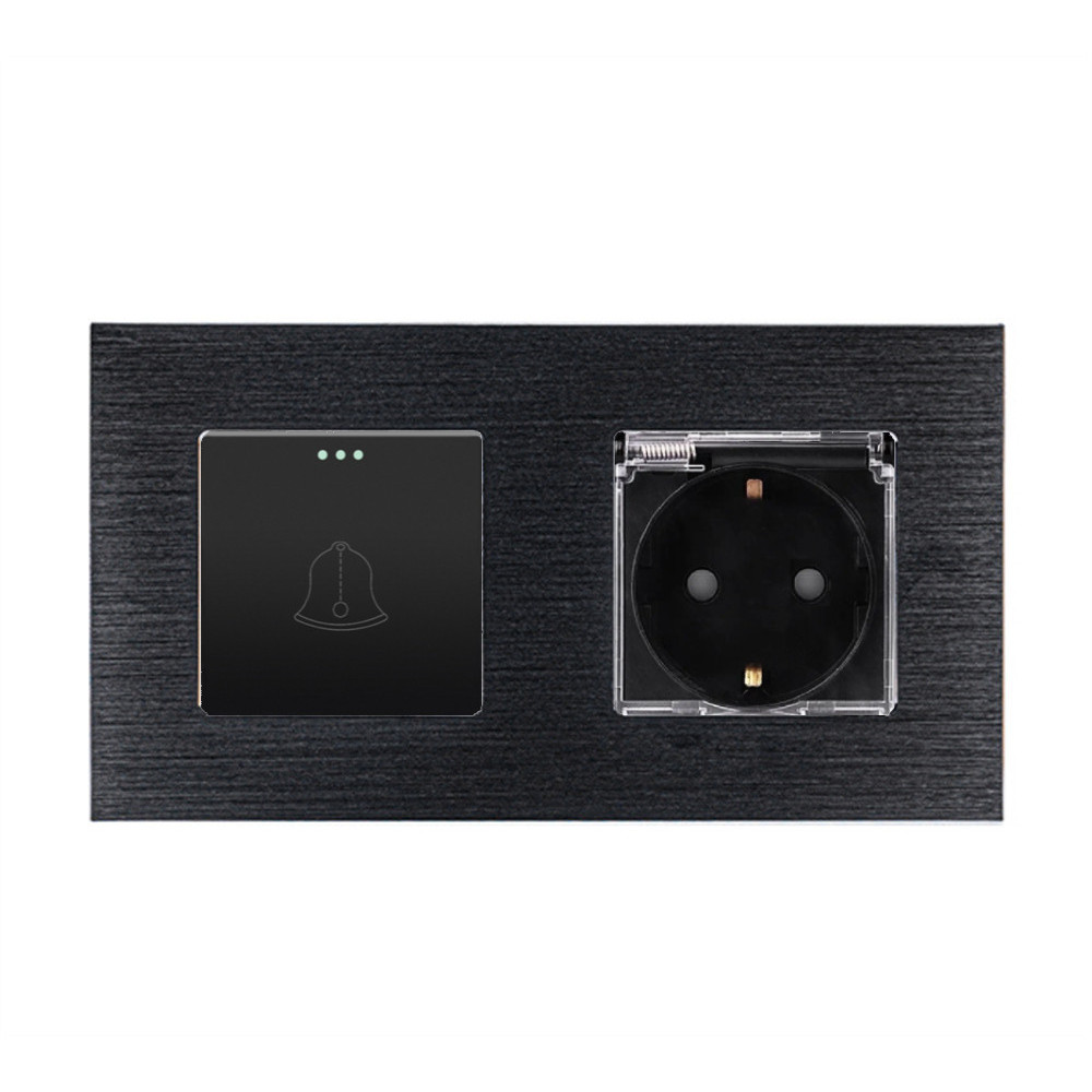 Вимикач без фіксації з розеткою кришка IP44 WALLPAD чорний алюміній, 16А 230В, із заземленням, захисні шторки
