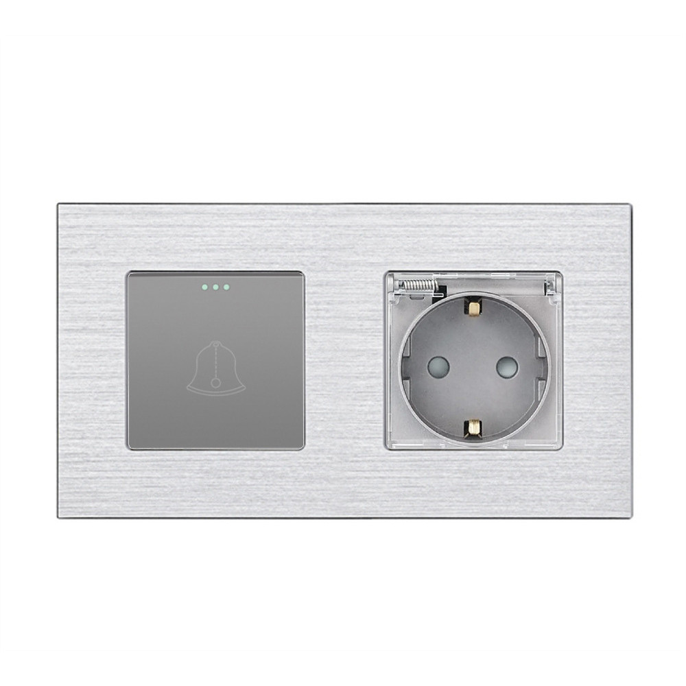 Вимикач без фіксації з розеткою кришка IP44 WALLPAD сірий алюміній, 16А 230В, із заземленням, захисні шторки