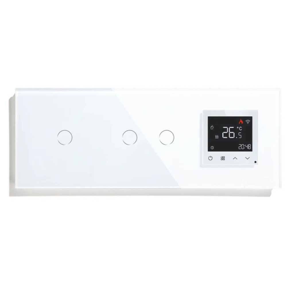 Розумний терморегулятор для теплої підлоги LUXION з прохідним сенсорним вимикачем 3 сенсори (1-2), білий, скло