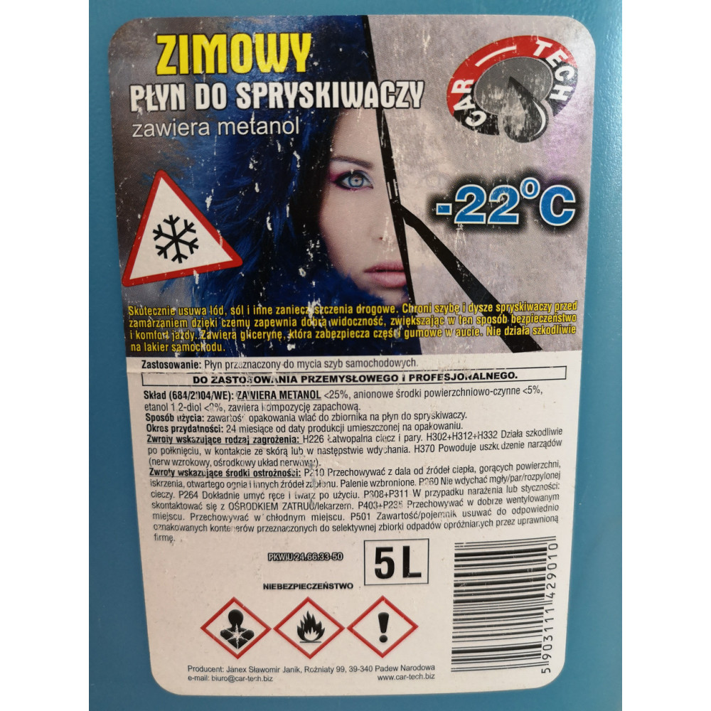 Омивач скла зимовий -22*C - CAR-TECH Popis 5,0 л. синій (PKWIU 24.66.33-50)