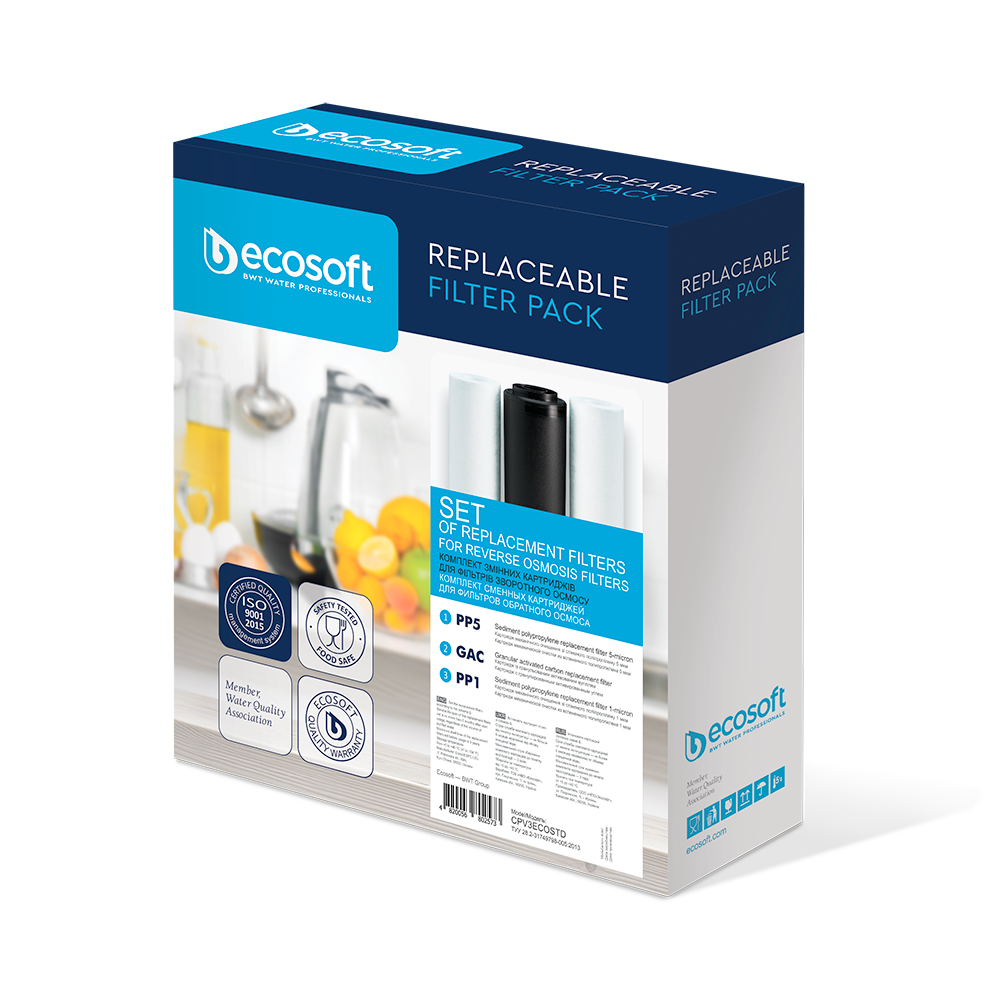 Комплект картриджів Ecosoft 1-2-3 для фільтрів зворотного осмосу (CPV3ECOSTD) нова упаковка
