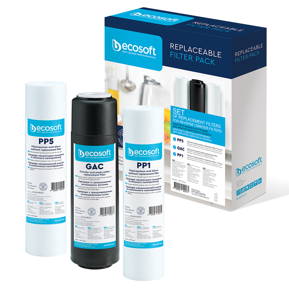 Комплект картриджів Ecosoft 1-2-3 для фільтрів зворотного осмосу (CPV3ECOSTD) нова упаковка